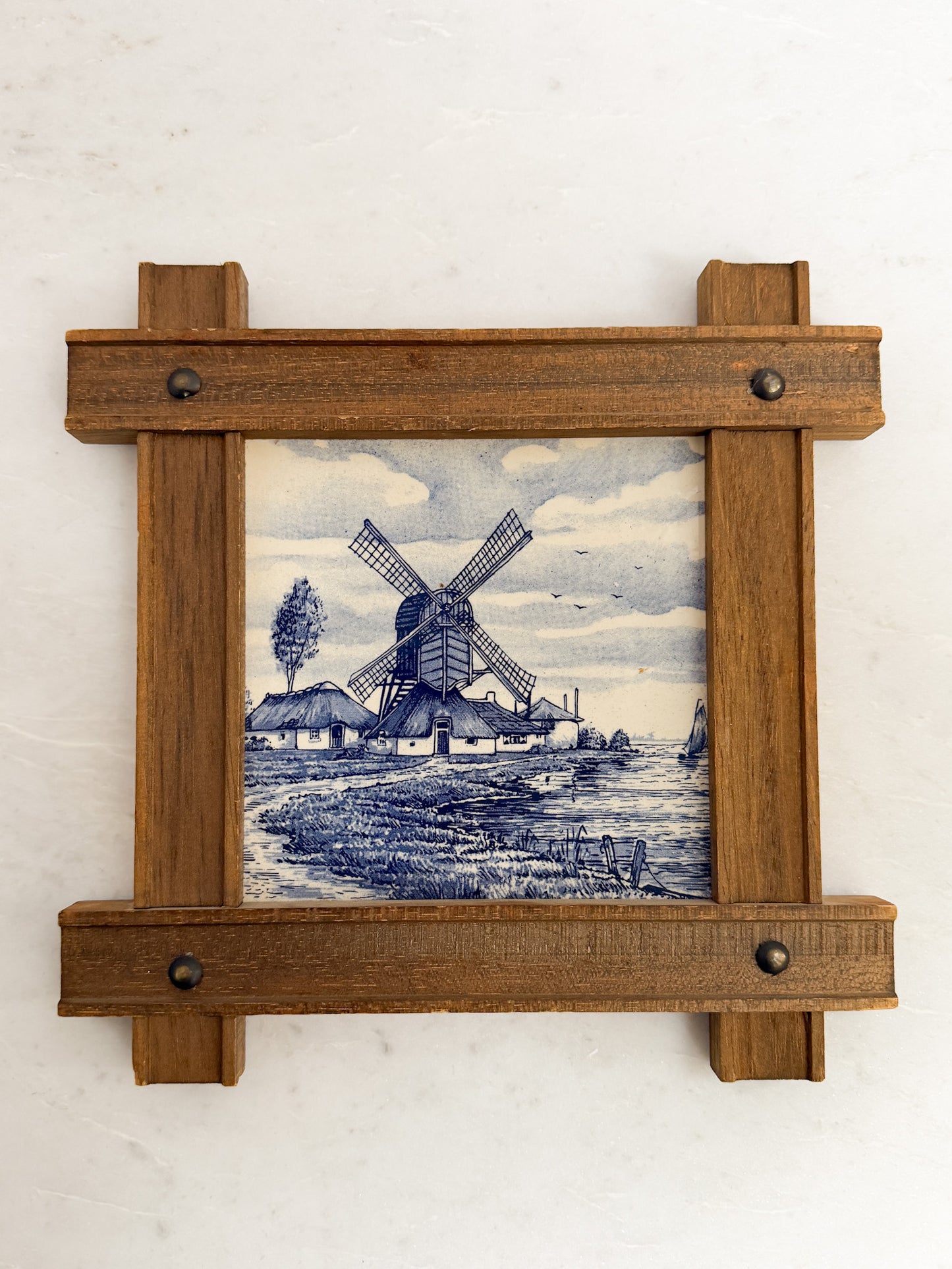 Vintage Delft Tile in Wooden Frame – Dutch Windmill