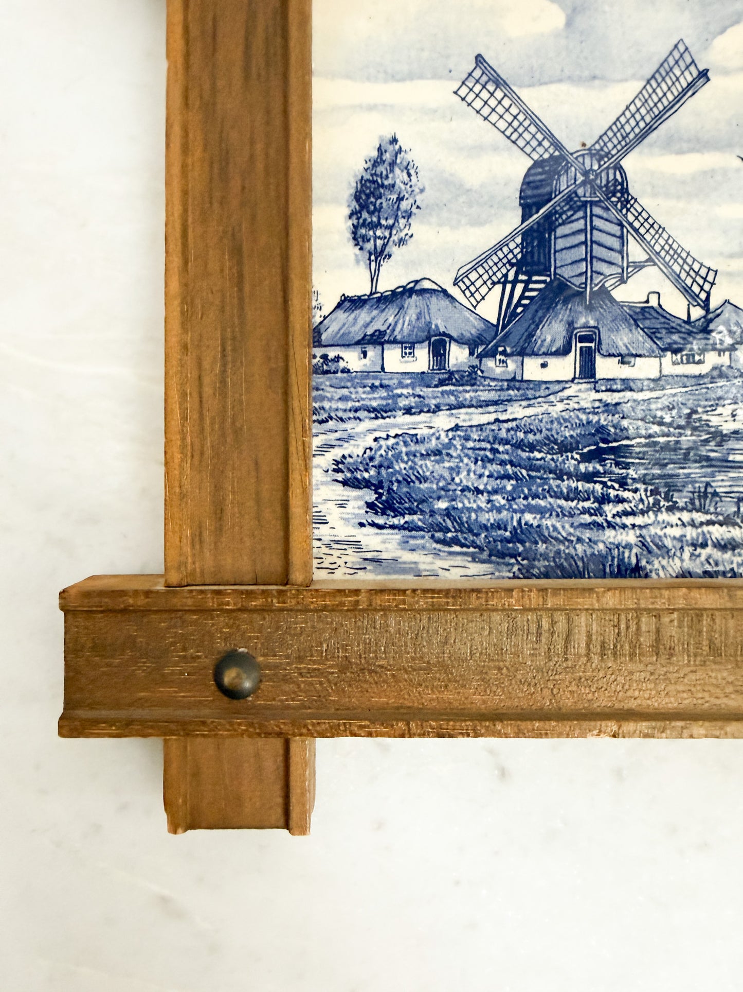 Vintage Delft Tile in Wooden Frame – Dutch Windmill