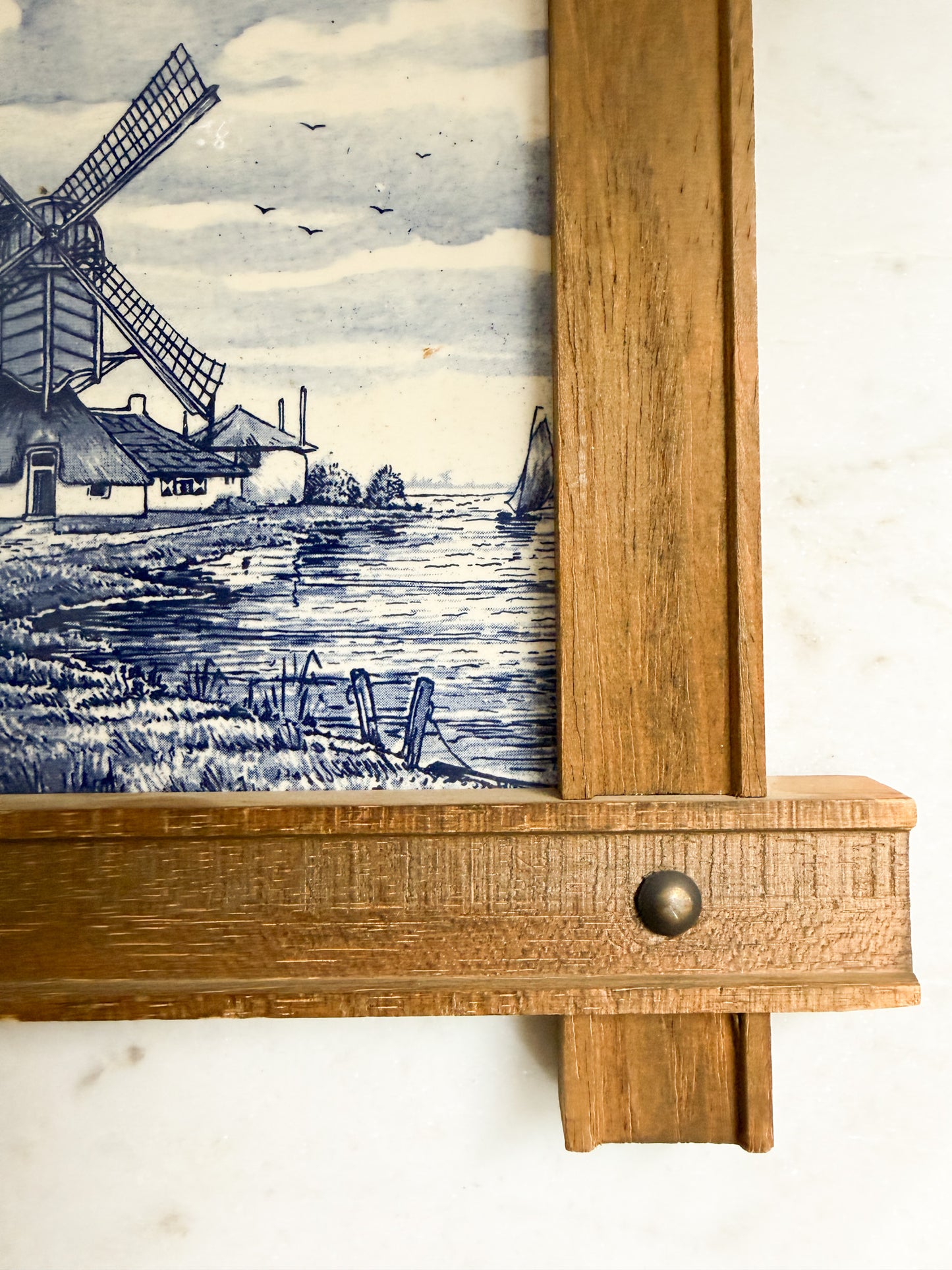 Vintage Delft Tile in Wooden Frame – Dutch Windmill