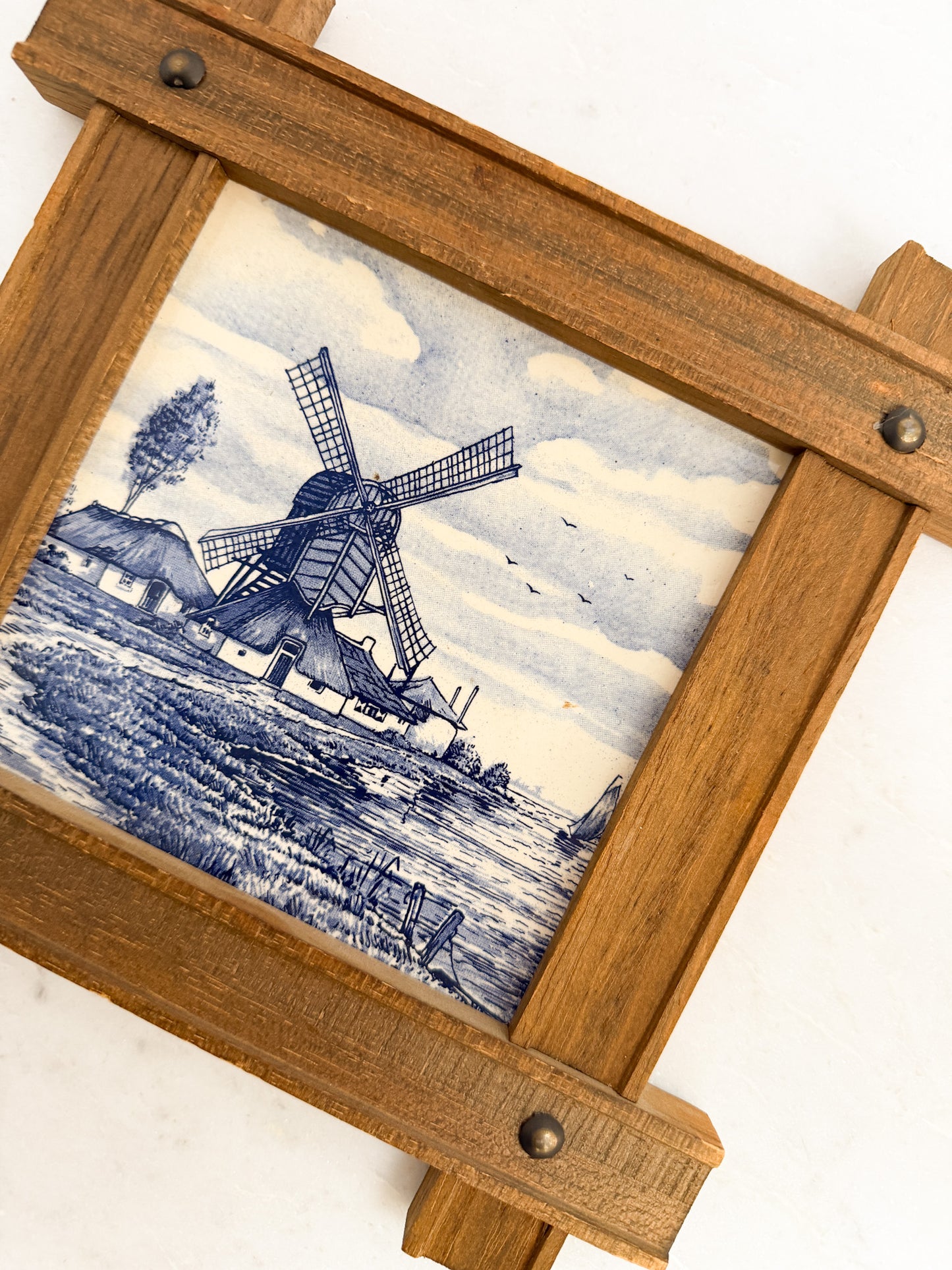 Vintage Delft Tile in Wooden Frame – Dutch Windmill