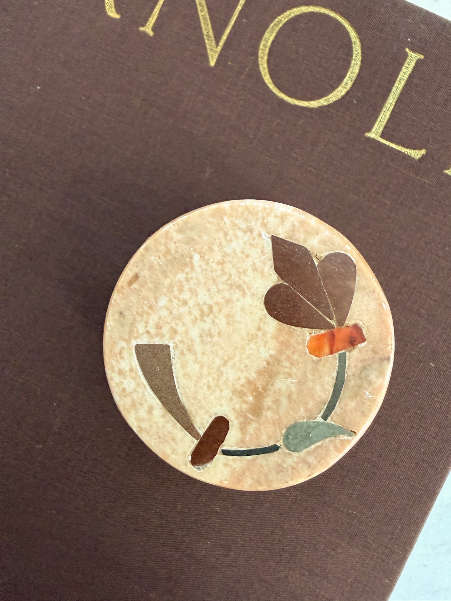 Carved Soapstone Trinket Box with Mother of Pearl Inlay