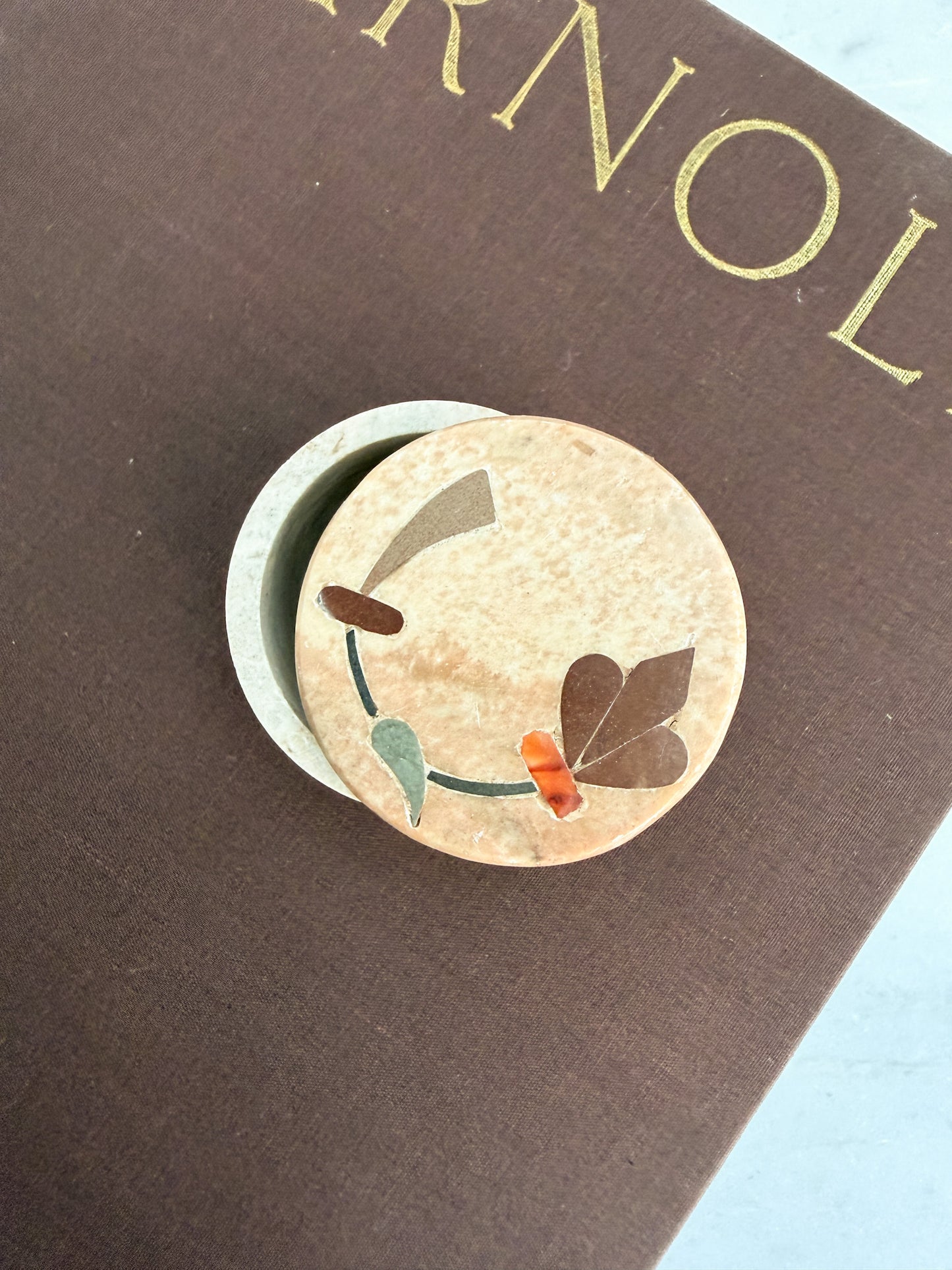 Carved Soapstone Trinket Box with Mother of Pearl Inlay